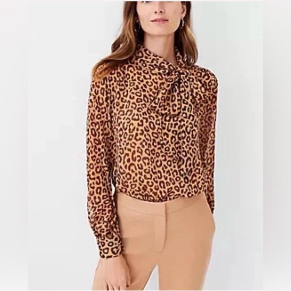 Ann Taylor Leopard Print Tie Neck Blouse Medium